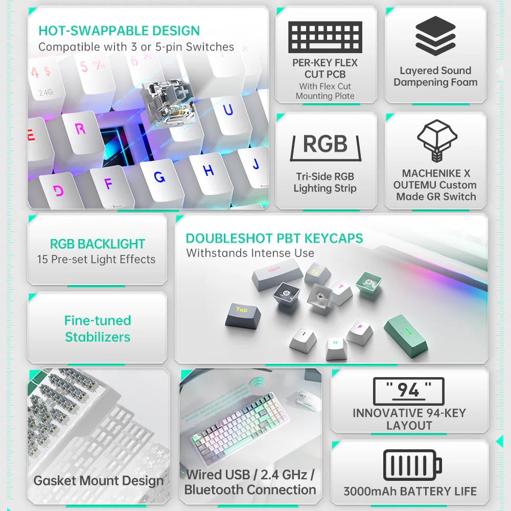 Machenike K500 Pro-B94 Mechanical Keyboard – 94-Key Grey Brown (Tactile) Switches Hot-Swappable Gasket Mount Wireless/Wired Machenike K500 Pro-B94 Mechanical Keyboard – 94-Key Grey Brown (Tactile) Switches Hot-Swappable Gasket Mount Wireless/Wired